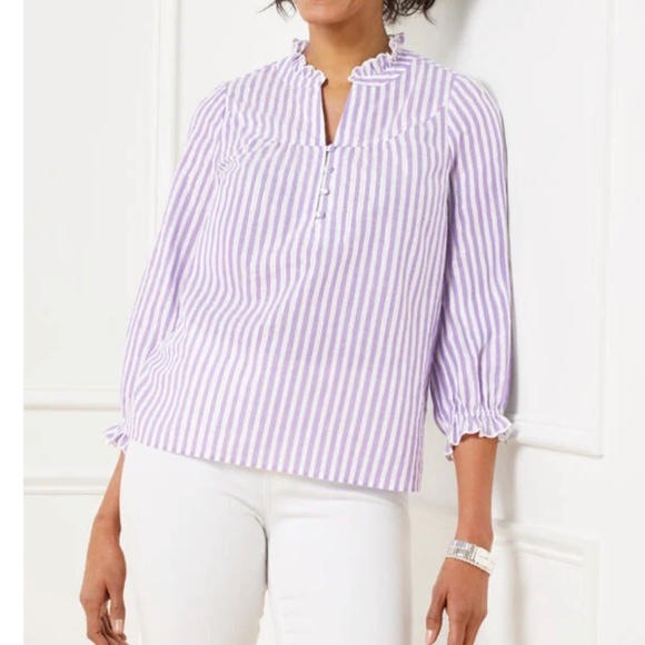 Talbots Charming Stripe Seersucker Popover Top in Deep Lavender Metallic Sz L - Picture 13 of 13